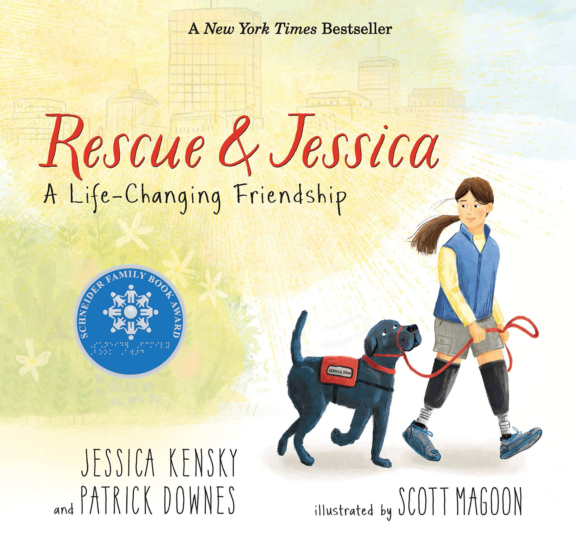 Illustrated "Rescue & Jessica" book cover featuring a woman and a service dog.